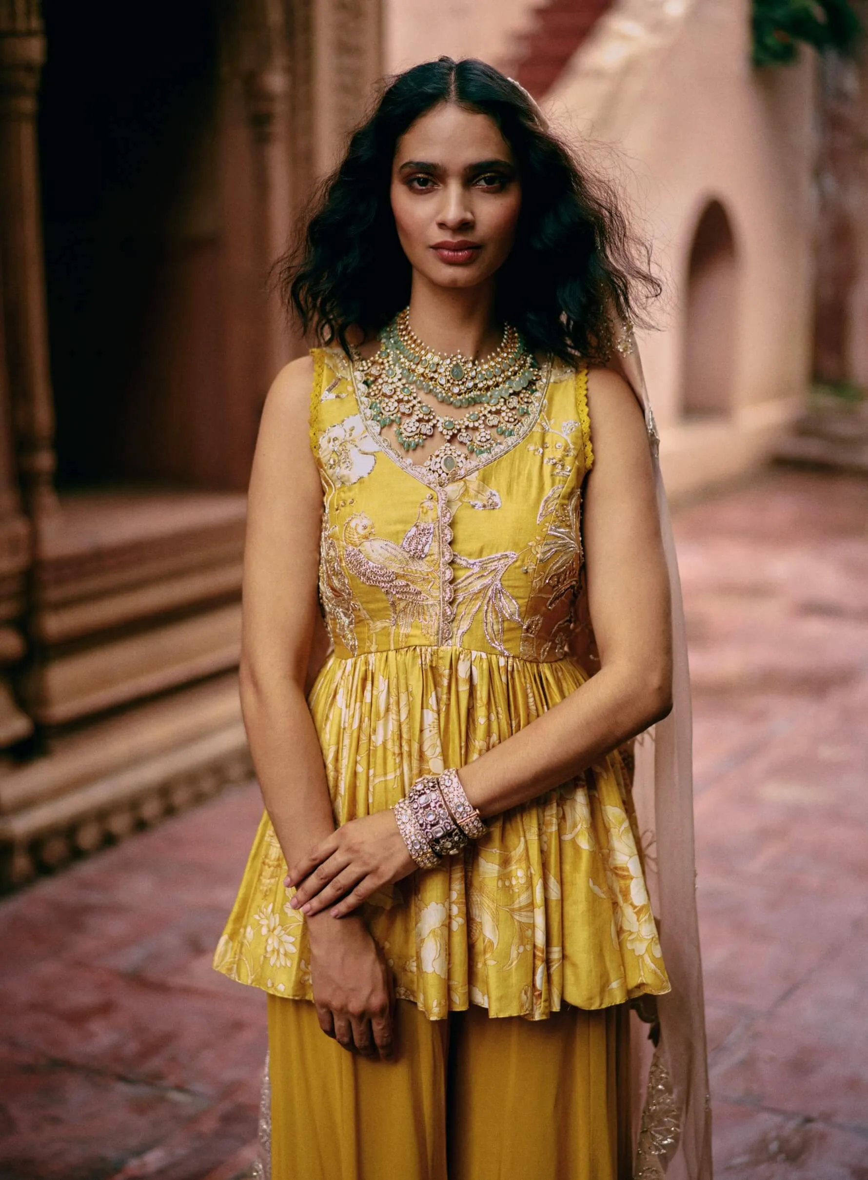 Tuscany yellow printed peplum and palazzo