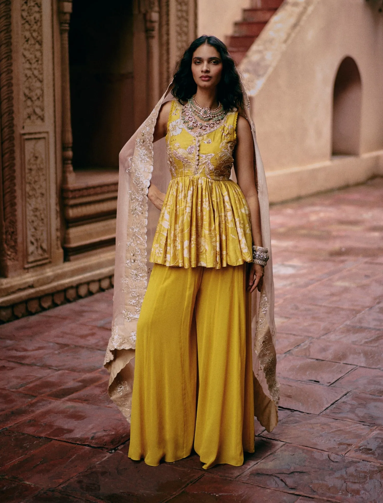 Tuscany yellow printed peplum and palazzo