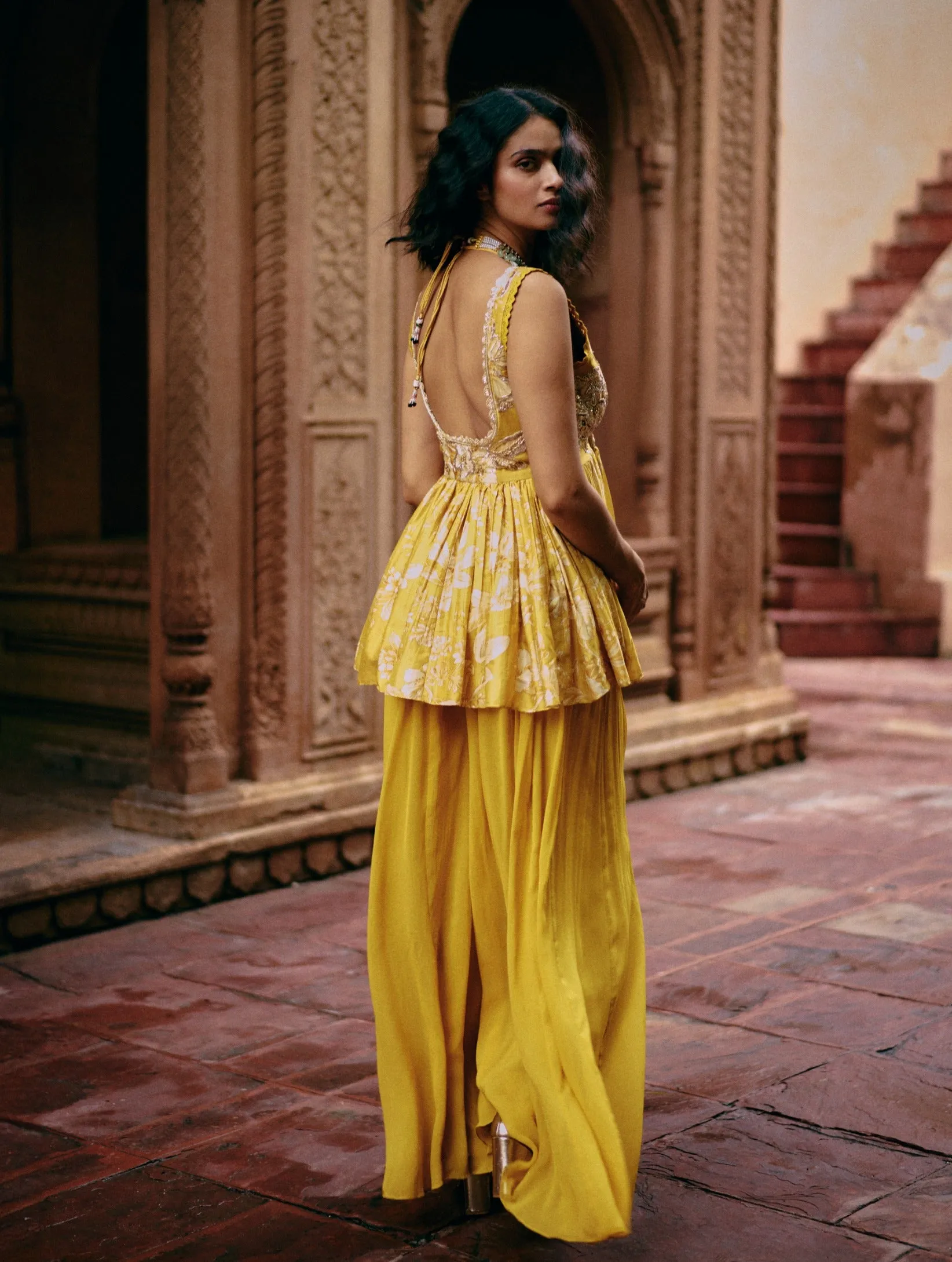 Tuscany yellow printed peplum and palazzo