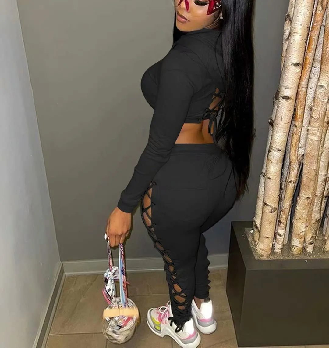 Two Piece Lace Up Hoodie Long Pants