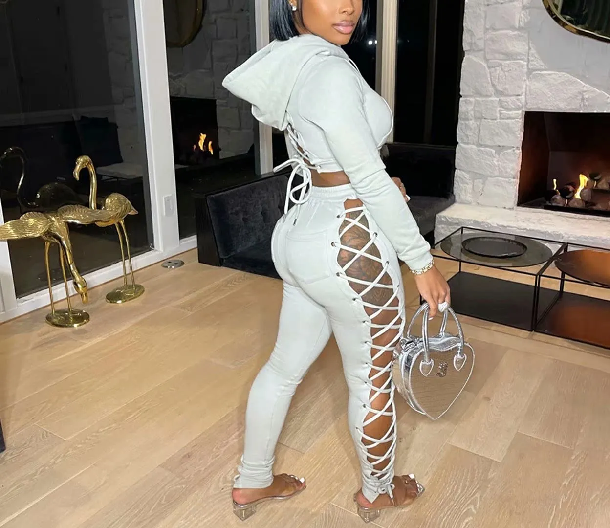 Two Piece Lace Up Hoodie Long Pants