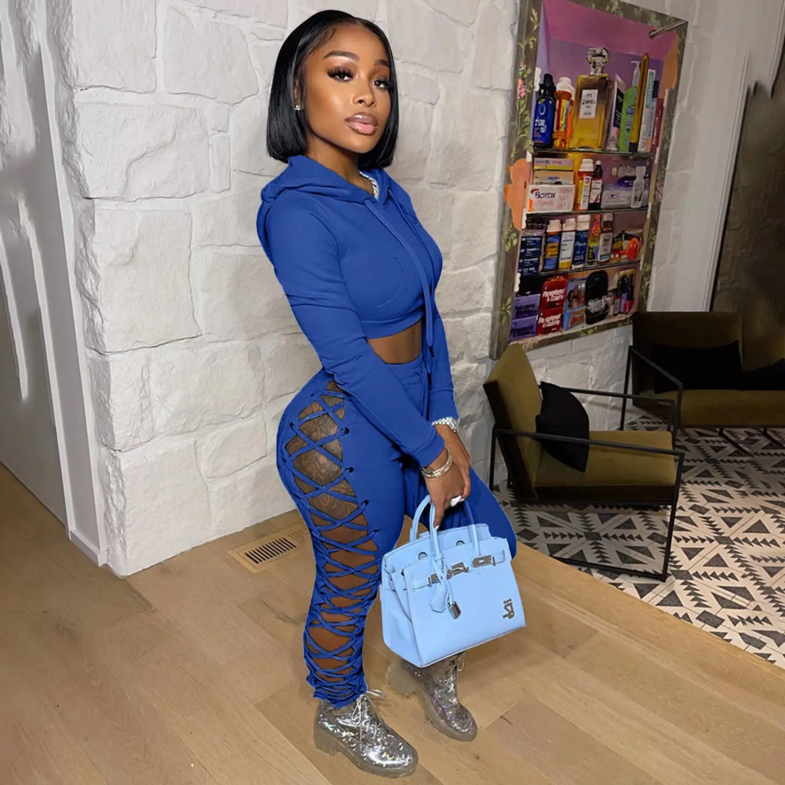 Two Piece Lace Up Hoodie Long Pants