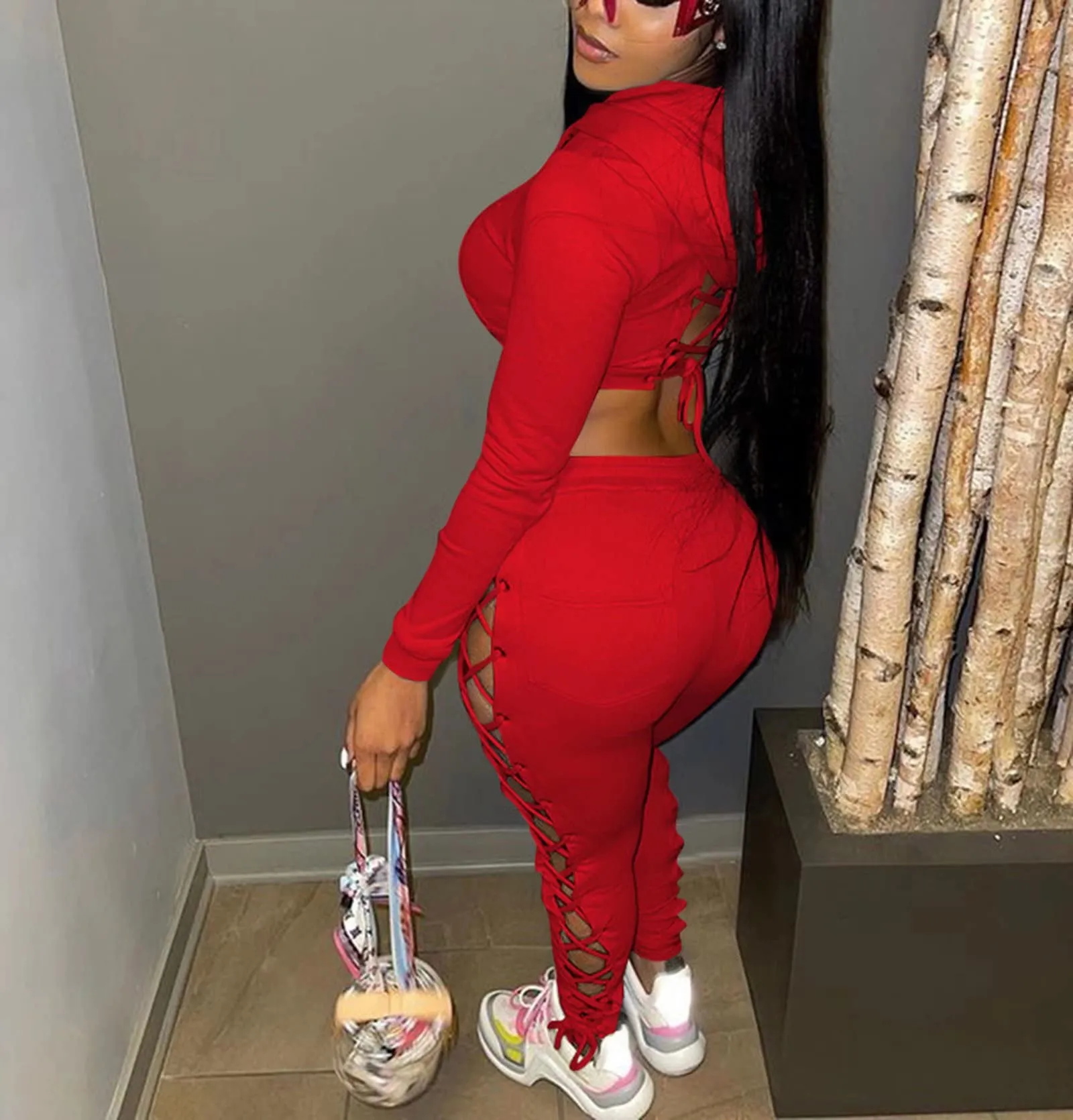 Two Piece Lace Up Hoodie Long Pants