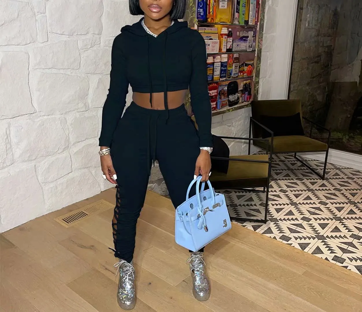 Two Piece Lace Up Hoodie Long Pants
