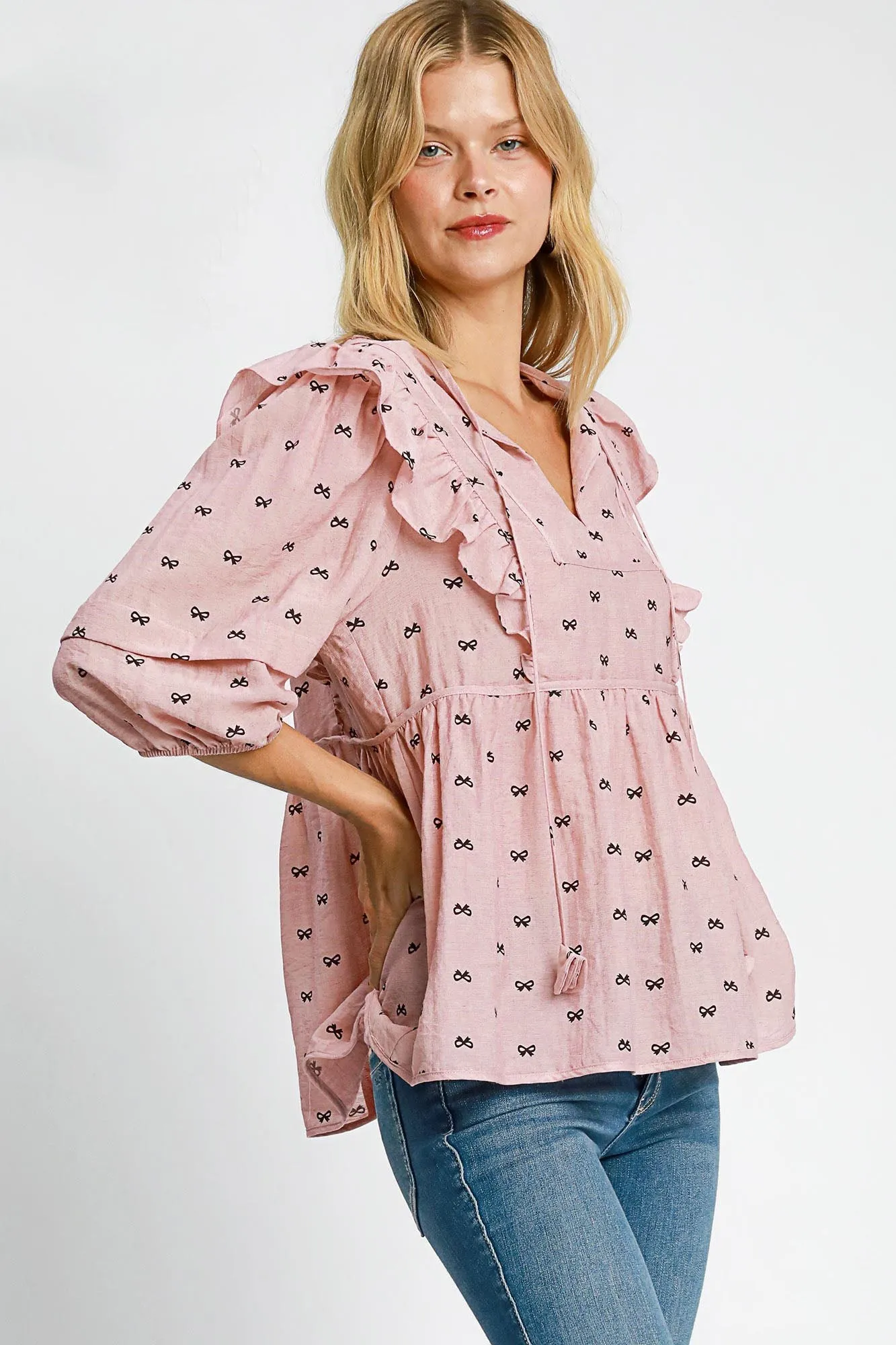 Umgee Full Size Ruffled Bow Print Tie Neck Peplum Blouse Plus Size