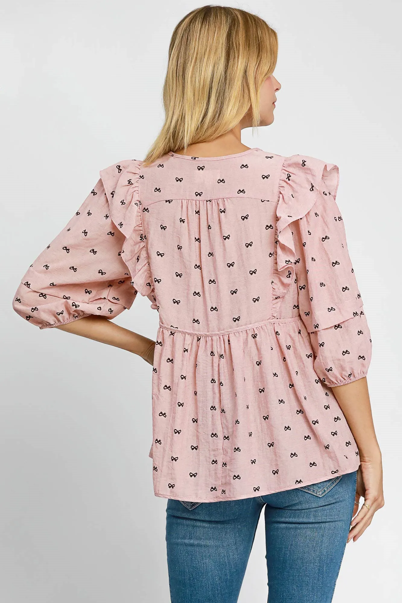 Umgee Full Size Ruffled Bow Print Tie Neck Peplum Blouse Plus Size