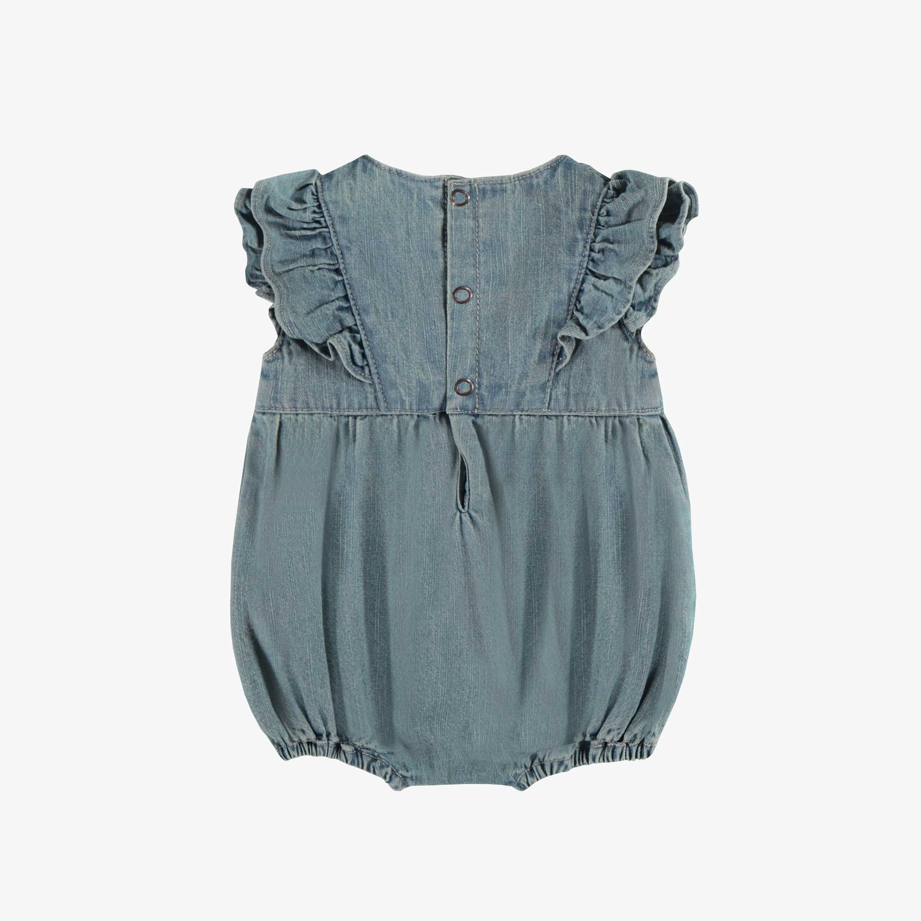 Une pièce coupe régulière en denim léger bleu pâle, naissance || Light blue one piece in lightweight denim regular fit, newborn