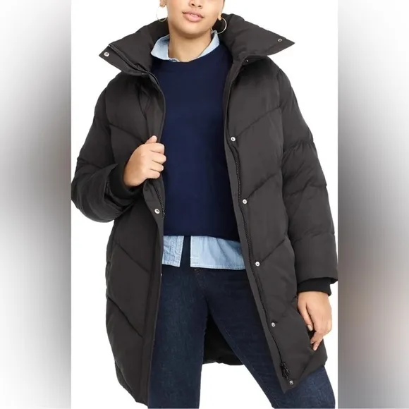 Universal Standard for J. Crew Chevron Black Puffer Coat Size Medium