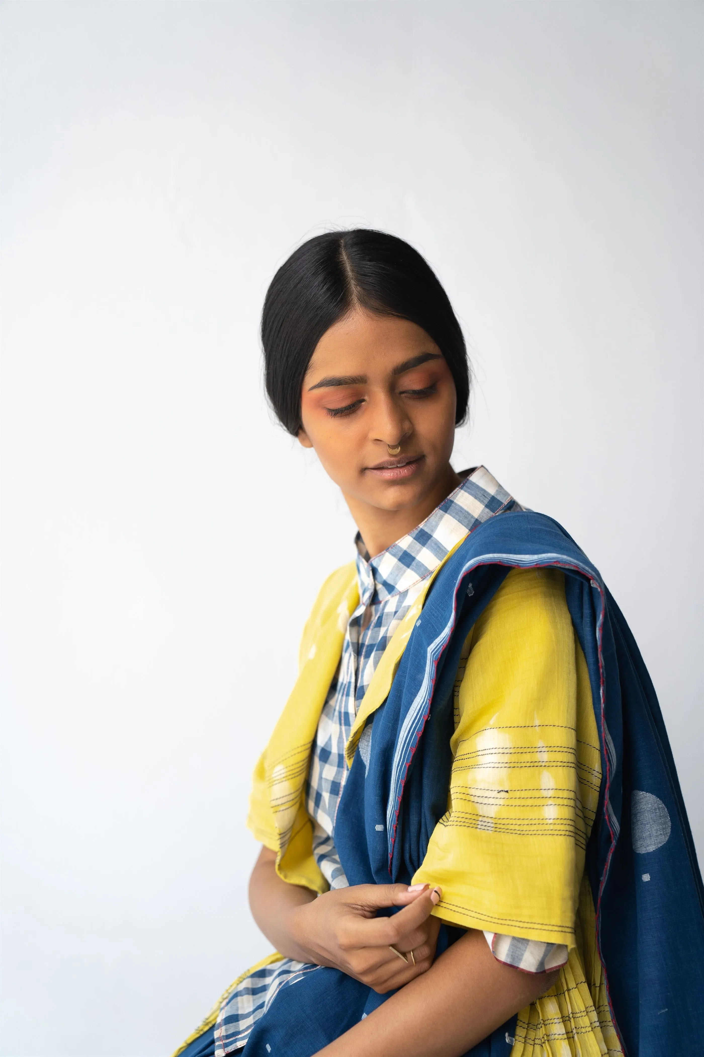 Urvashi Kaur   -  Yellow  Core Top Hand Block Printed Checkered