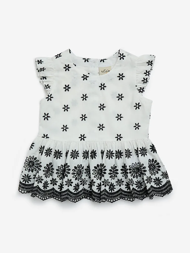 Utsa Kids Off-White Floral Embroidered Cotton Ethnic Top - (2-8yrs)