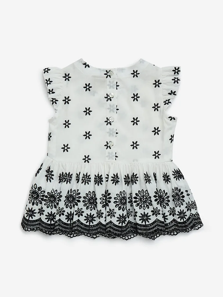 Utsa Kids Off-White Floral Embroidered Cotton Ethnic Top - (2-8yrs)