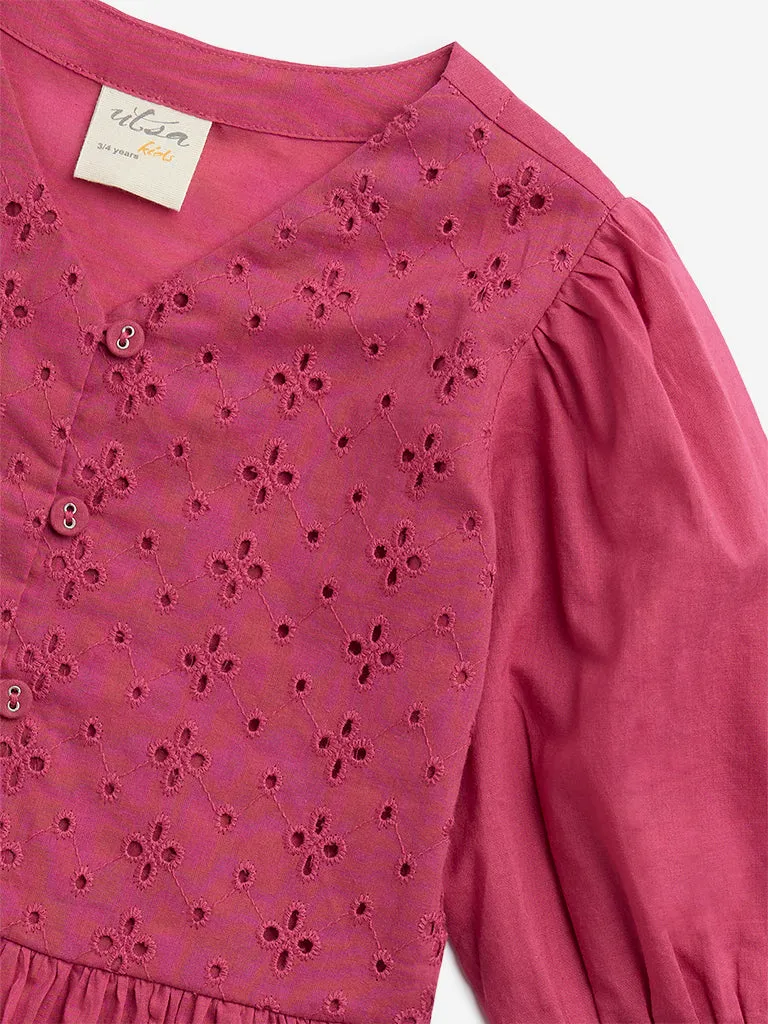 Utsa Kids Pink Schiffli Design Cotton Top - (2-8yrs)
