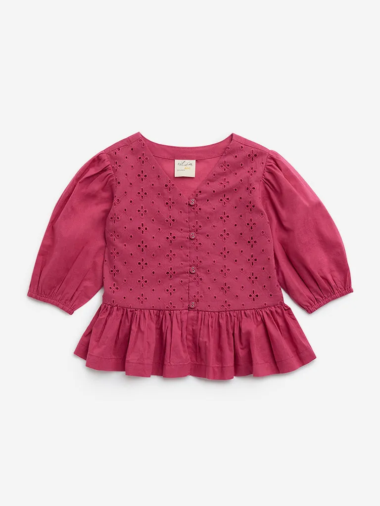 Utsa Kids Pink Schiffli Design Cotton Top - (2-8yrs)