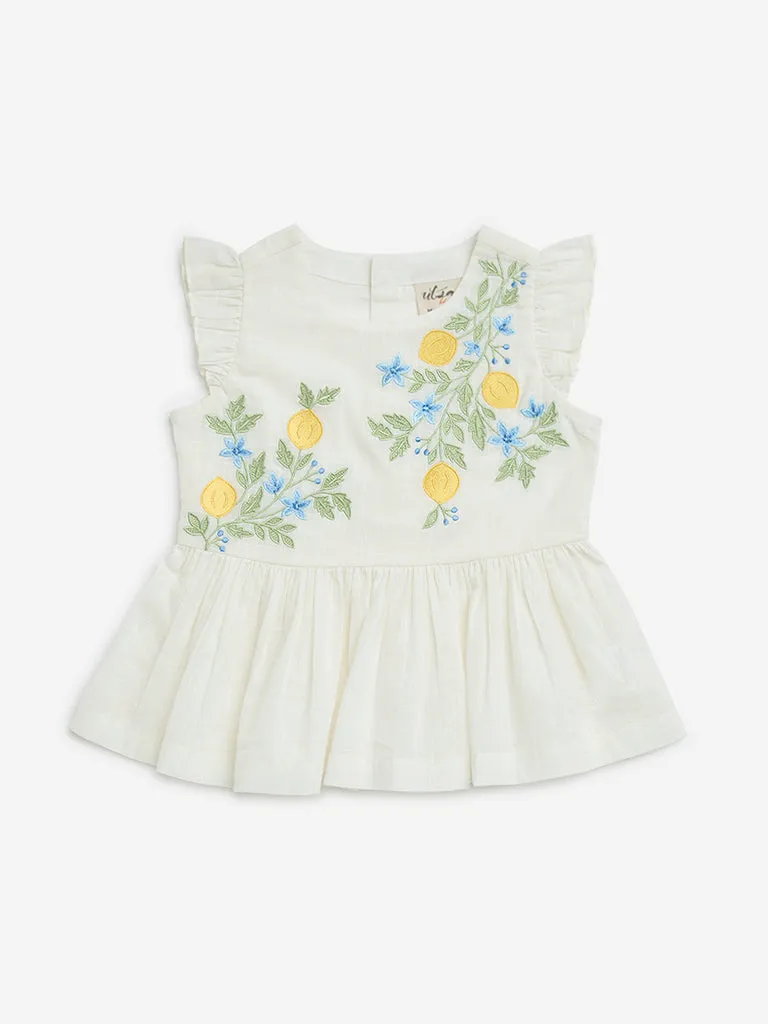 Utsa Kids White Floral Embroidered Cotton Peplum Top - (2-8yrs)