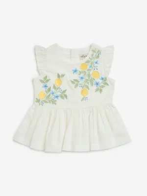 Utsa Kids White Floral Embroidered Cotton Peplum Top - (2-8yrs)