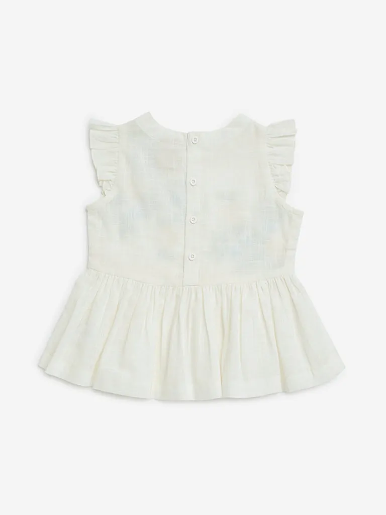 Utsa Kids White Floral Embroidered Cotton Peplum Top - (2-8yrs)