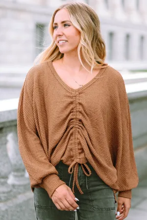V-Neck Drawstring Waffle Knit Top
