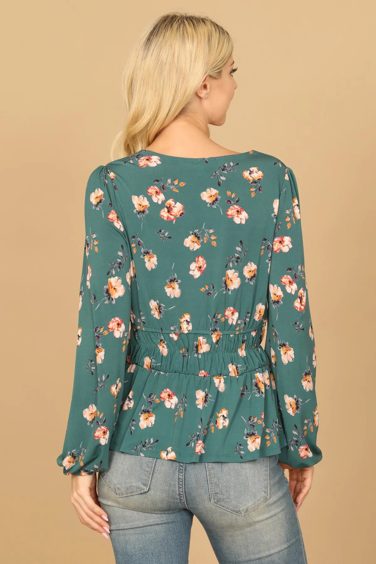 V-NECK ELASTIC WAIST LONG SLEEVE FLORAL TOP