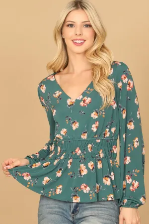 V-NECK ELASTIC WAIST LONG SLEEVE FLORAL TOP