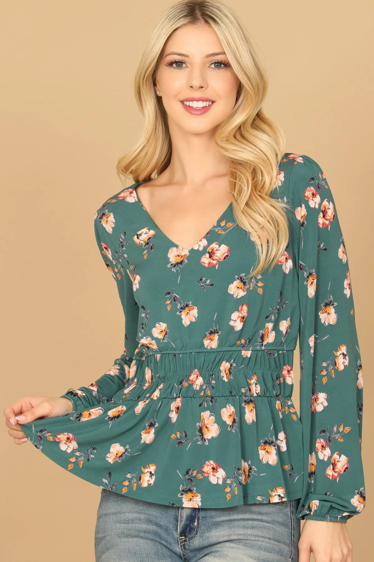 V-NECK ELASTIC WAIST LONG SLEEVE FLORAL TOP