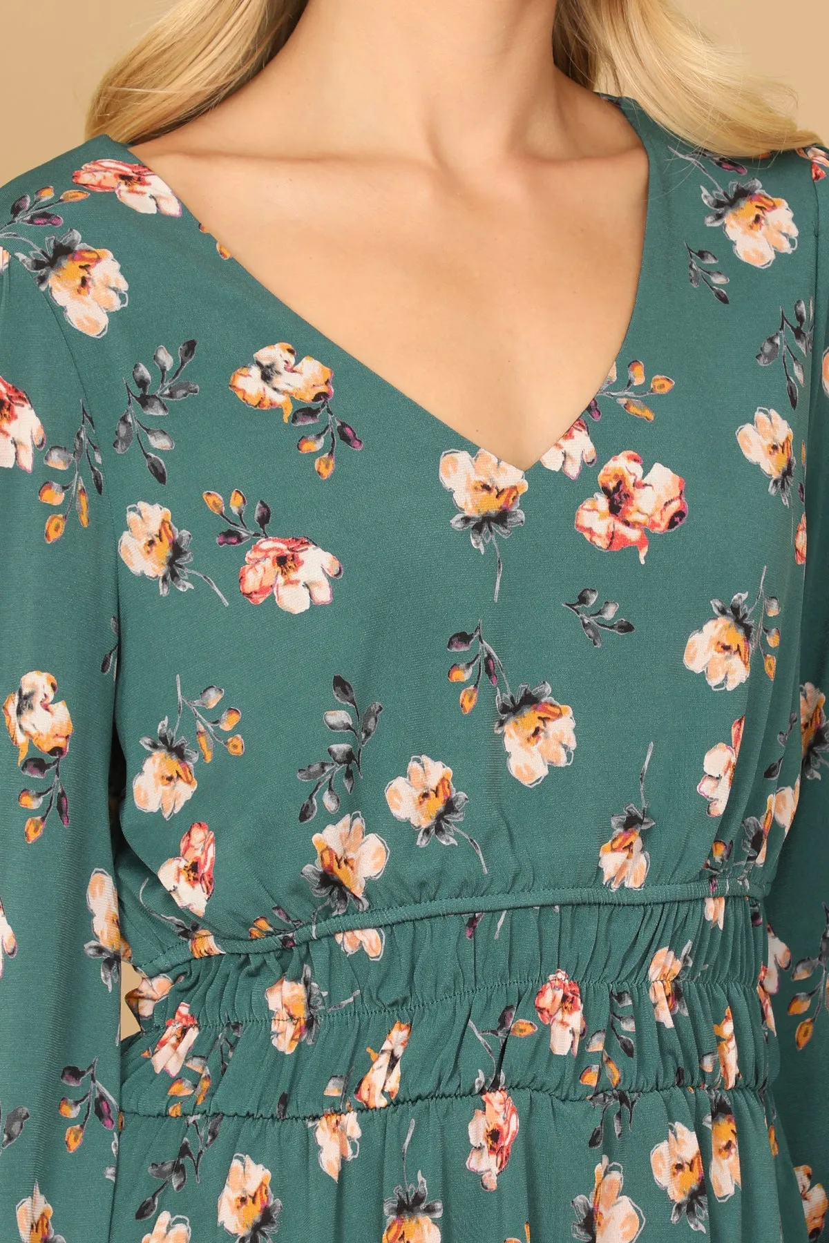 V-NECK ELASTIC WAIST LONG SLEEVE FLORAL TOP