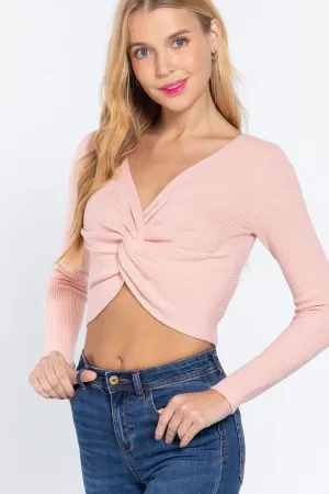 V-neck Front Twist Knotted Crop Sweater