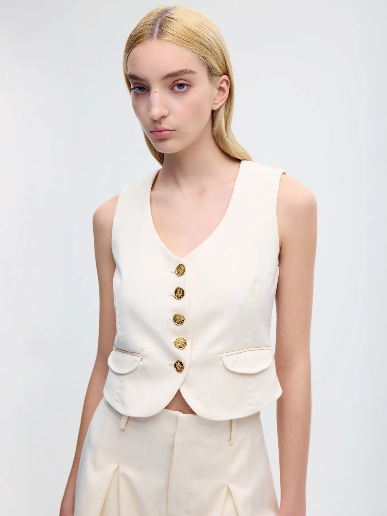 V-Neck Wool Vest In White