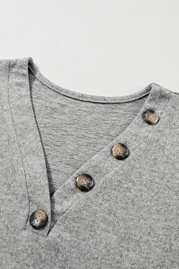 Veda Buttoned V Neck Ribbed Puff Sleeve Top