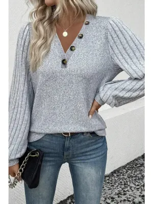 Veda Buttoned V Neck Ribbed Puff Sleeve Top