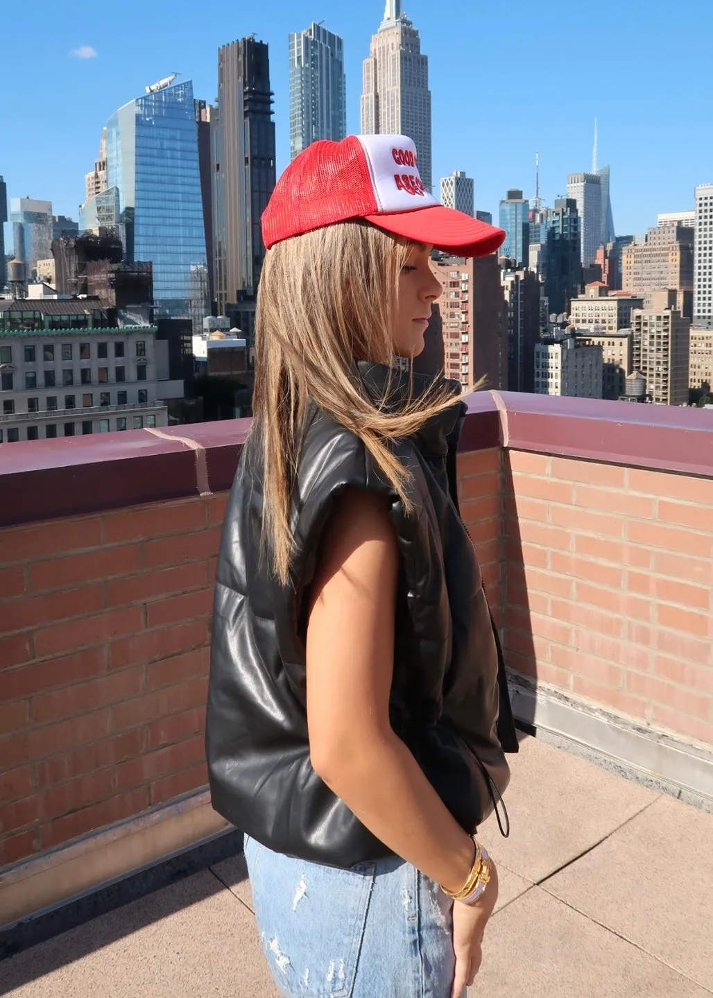 VEGAN LEATHER ZIP UP PUFFER VEST