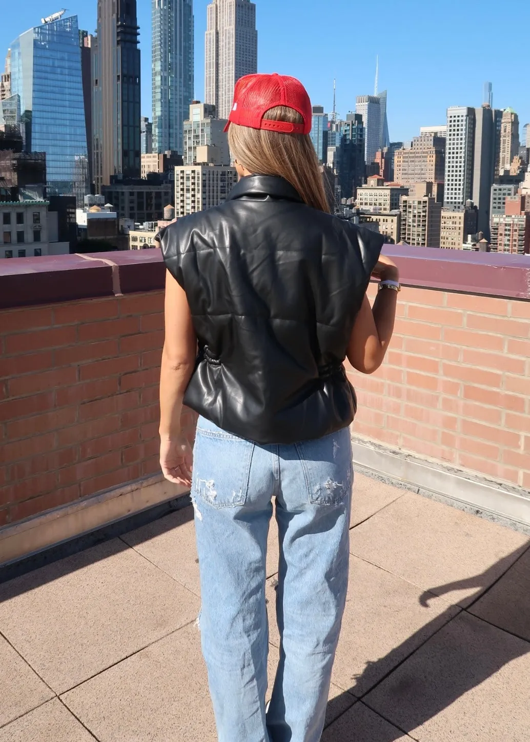 VEGAN LEATHER ZIP UP PUFFER VEST