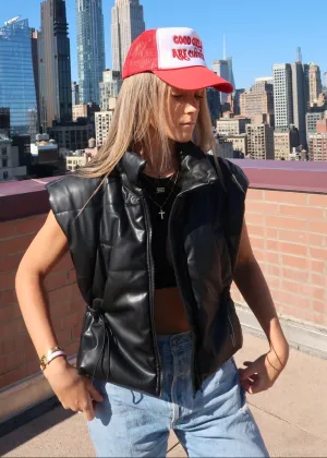 VEGAN LEATHER ZIP UP PUFFER VEST