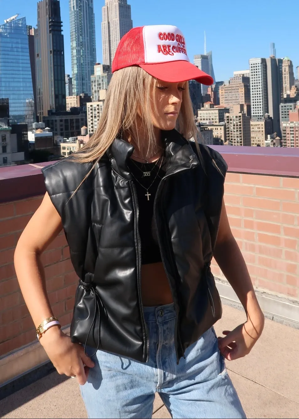 VEGAN LEATHER ZIP UP PUFFER VEST