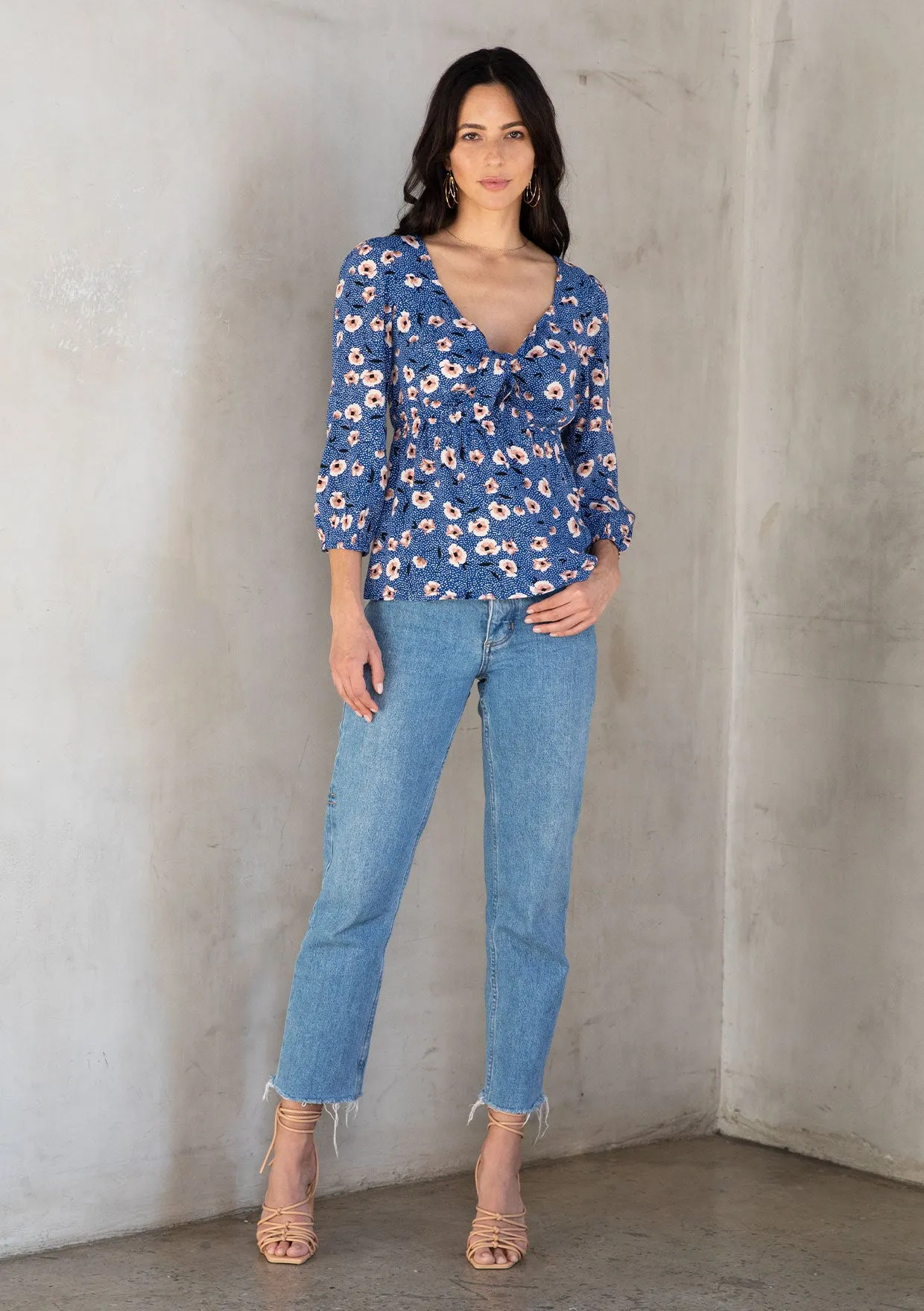 Vibrant Floral Print Tie Front Peplum Blouse