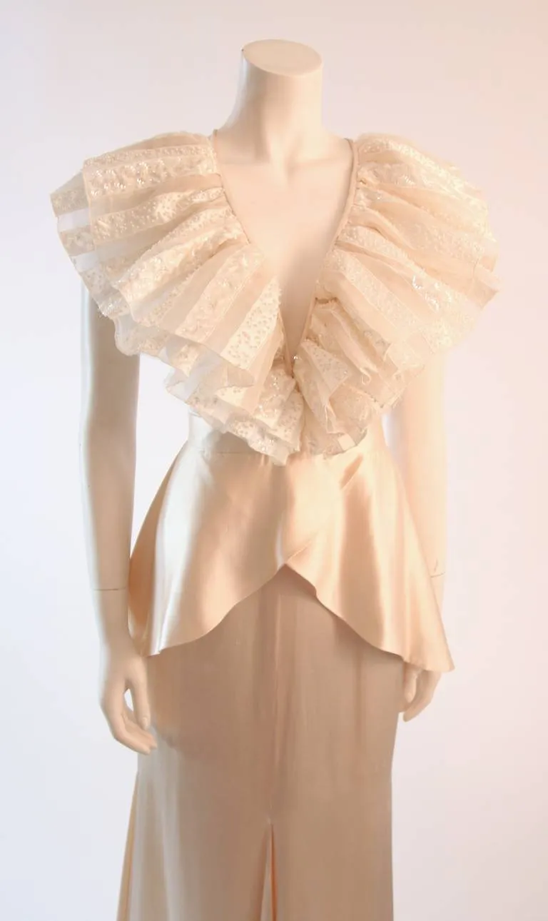 VICKY TIEL Ruffled Lace Gown with Open Back