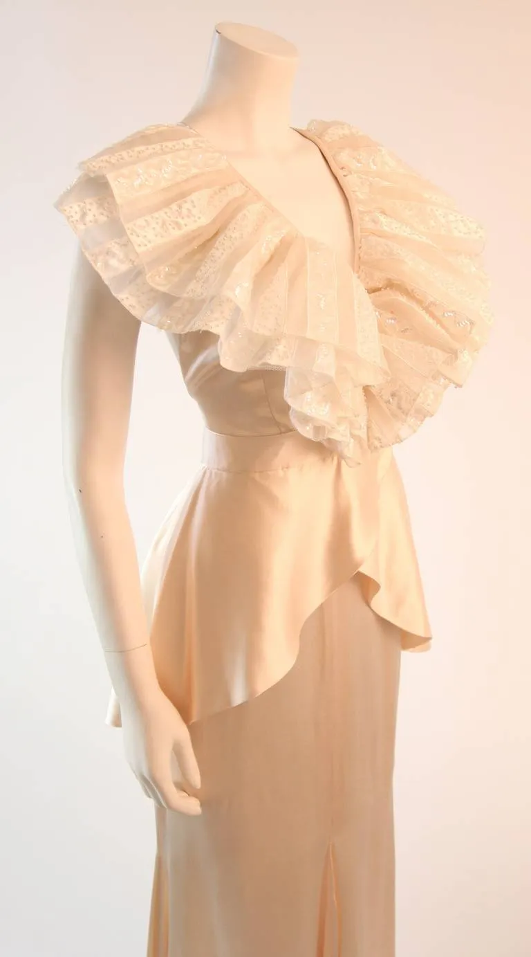 VICKY TIEL Ruffled Lace Gown with Open Back