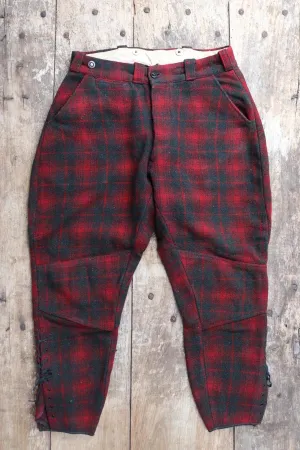 Vintage 1930s 40s wool trousers - red and black checked plaid pants - hunting breeches - jodhpurs with suspender buttons - 31" x 26"