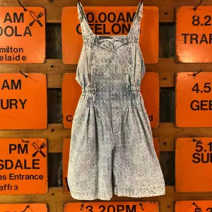 Vintage 80’s London London High Waisted Acid Washed Dobby Denim Women's Short Overalls