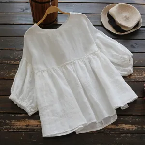 Vintage Casual Ruffled Linen 3/4 Lantern Pleated Sleeve Blouse