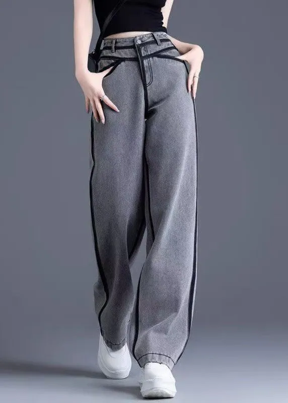 Vintage Grey Pockets High Waist Warm Fleece Pants Spring