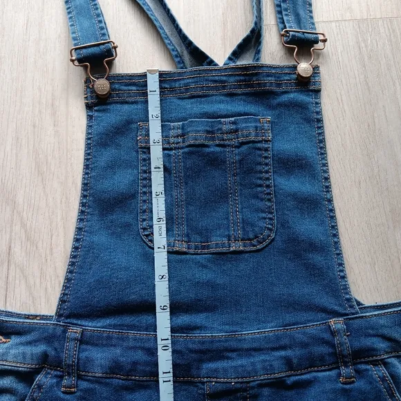 Wax Jean Basic Denim Short Overalls Distressed Sleeveless Pockets Blue Large