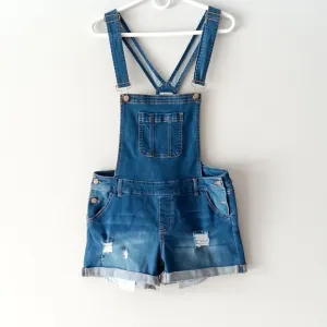 Wax Jean Basic Denim Short Overalls Distressed Sleeveless Pockets Blue Large