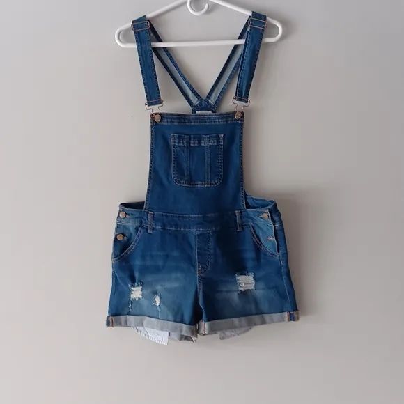 Wax Jean Basic Denim Short Overalls Distressed Sleeveless Pockets Blue Large