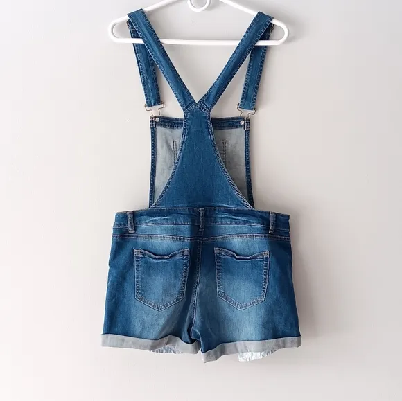 Wax Jean Basic Denim Short Overalls Distressed Sleeveless Pockets Blue Large