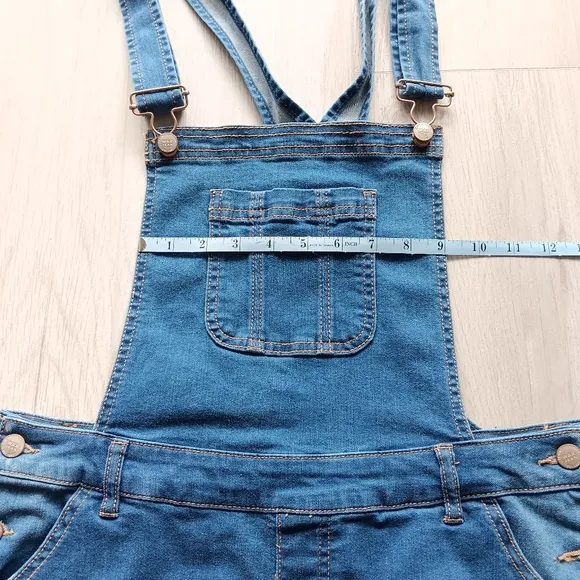 Wax Jean Basic Denim Short Overalls Distressed Sleeveless Pockets Blue Large