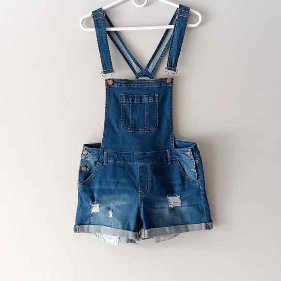 Wax Jean Basic Denim Short Overalls Distressed Sleeveless Pockets Blue Large