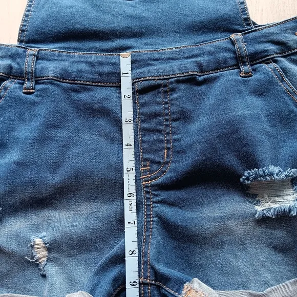 Wax Jean Basic Denim Short Overalls Distressed Sleeveless Pockets Blue Large