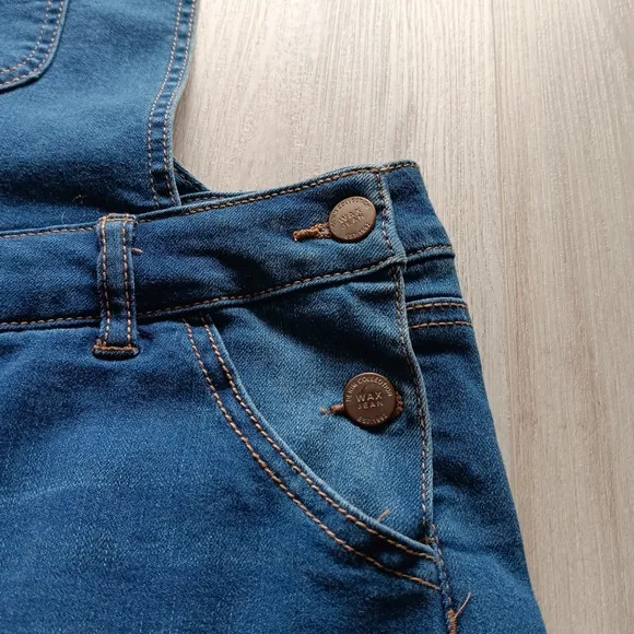 Wax Jean Basic Denim Short Overalls Distressed Sleeveless Pockets Blue Large