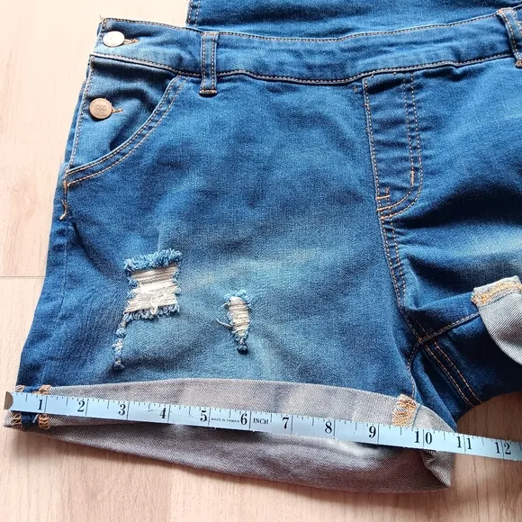 Wax Jean Basic Denim Short Overalls Distressed Sleeveless Pockets Blue Large