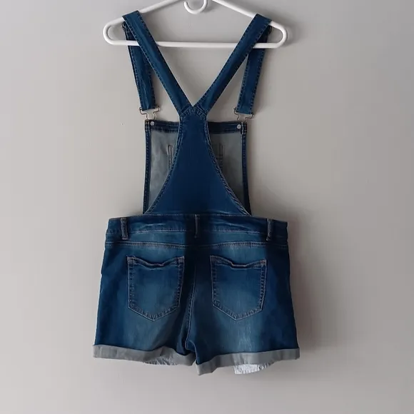 Wax Jean Basic Denim Short Overalls Distressed Sleeveless Pockets Blue Large